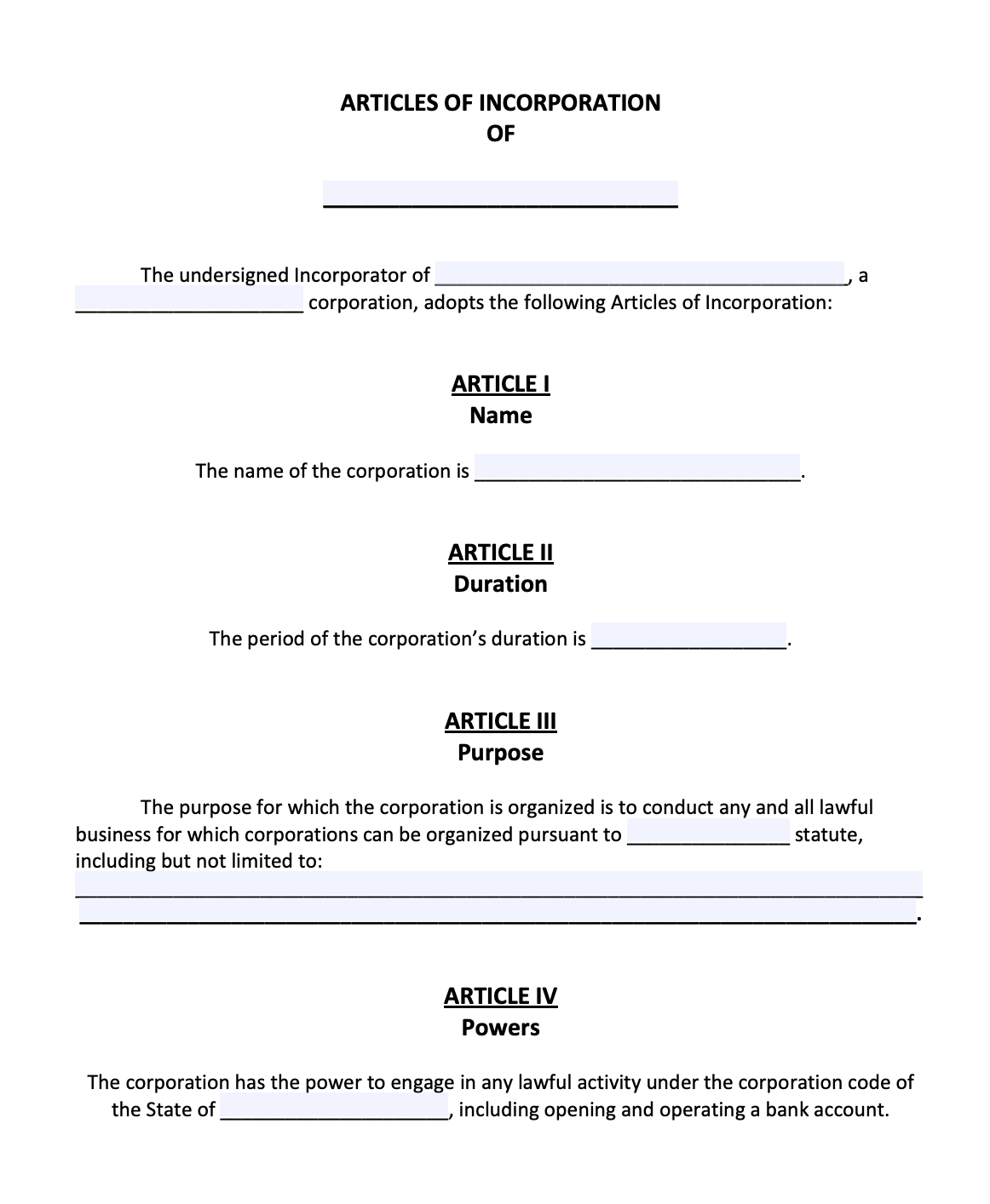 Articles Of Incorporation